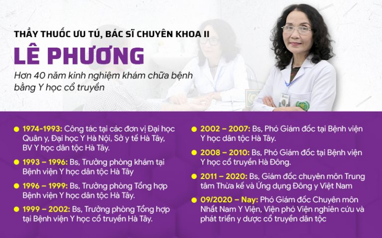 Thầy thuốc ưu tú, bác sĩ Lê Phương hiện là Giám đốc Chuyên môn Trung tâm Da liễu Đông y Việt Nam kiêm Phó Giám đốc Chuyên môn Nhất Nam Y Viện